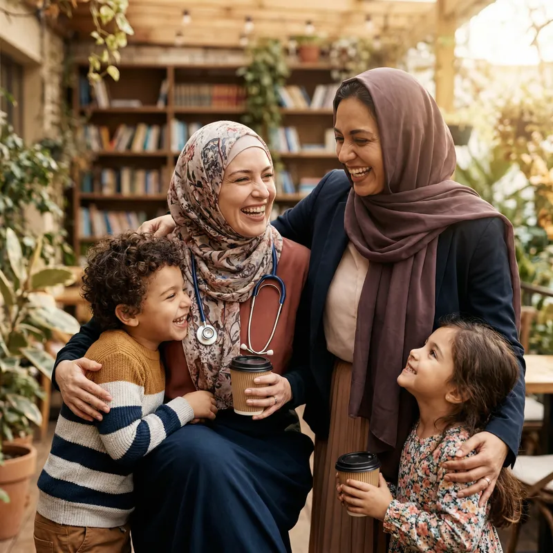 Heartwarming Friendship: Veiled Doctor & Businesswoman with Kids