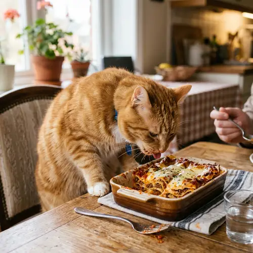 Cat Eating Lasagna - Funny Feline Enjoying a Meal