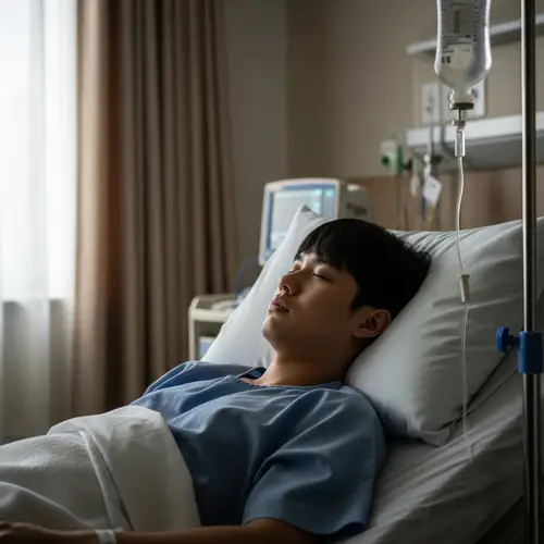 Asian Boy in Hospital Bed - Sleeping Peacefully