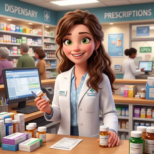 Smiling Female Pharmacist in Pixar Style