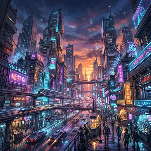 Cyberpunk Cityscape at Sunset: Futuristic Neon-Lit Skyscrapers