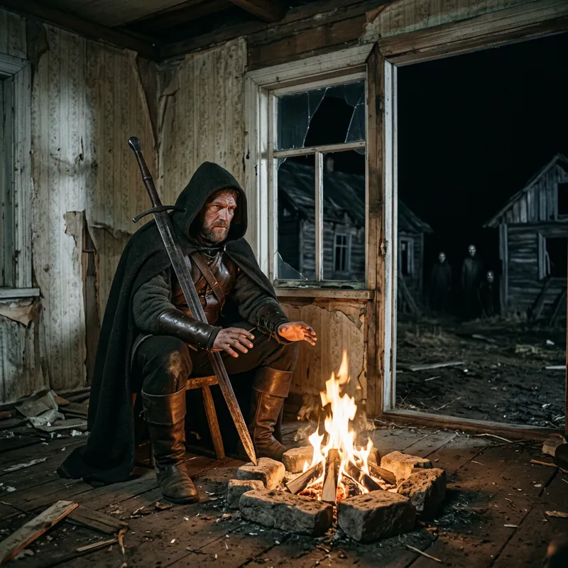 Hooded Warrior with Enormous Sword in Dark Abandoned House
