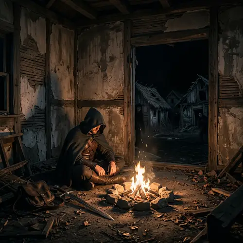 Hooded Warrior by Fire in Abandoned House | Dark Exterior Scene