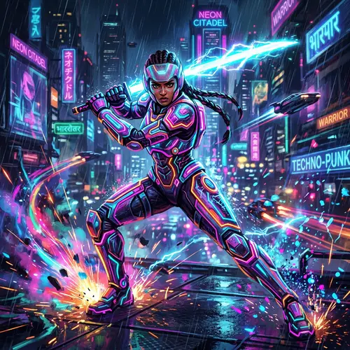 Cyberpunk Futuristic Warrior in Glowing Neon Armor