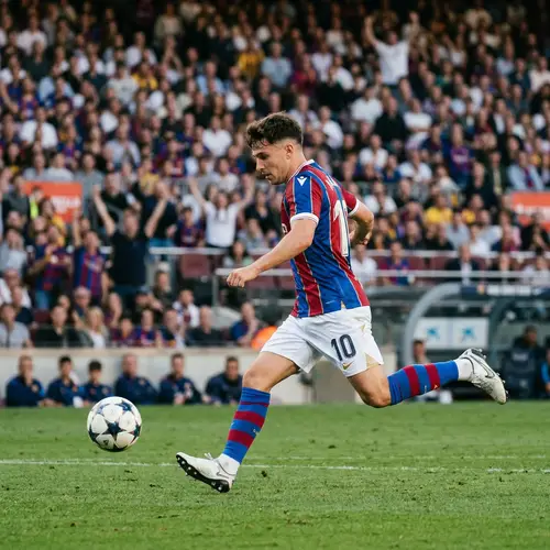 Talented Male Football Player in Blue and Red Jersey - Action Shot