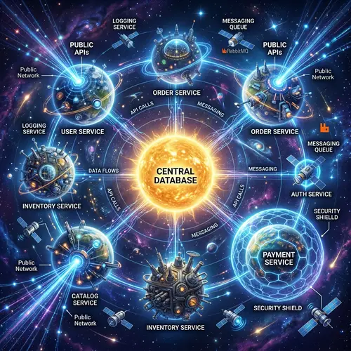 Microservices Architecture: Central Database and Interconnected Planets
