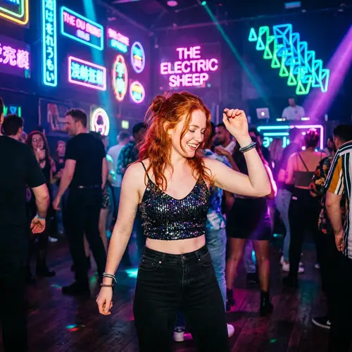 Redhead Dancing in Neon Club