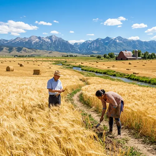 Picturesque Agricultural Landscape: Farmers, Wheat Fields, Barn