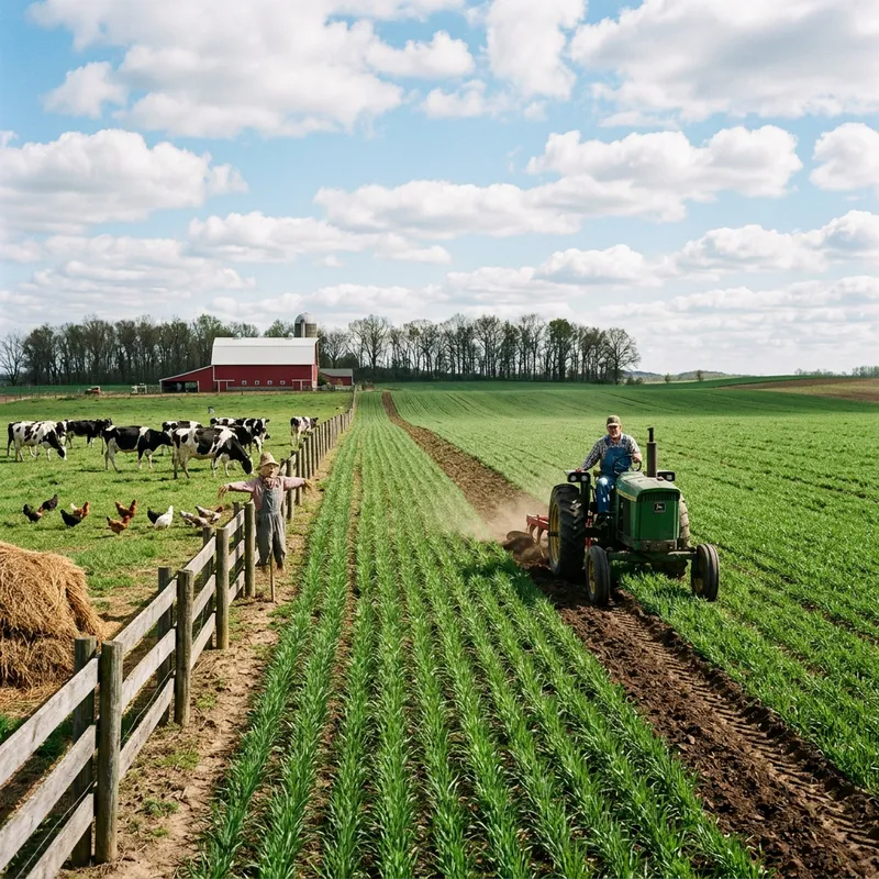 Realistic Agriculture Scene: Green Field, Crops, Tractor & Farm Animals