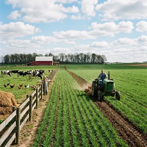 Realistic Agriculture Scene with Crops, Tractor & Farm Animals