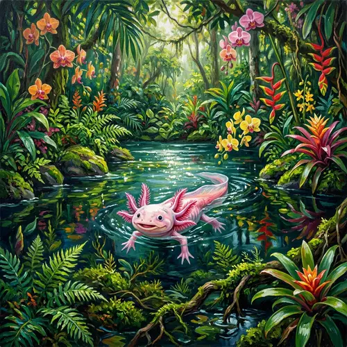 Oil Painting of Axolotl in Serene Lagoon