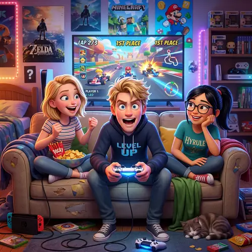 Vibrant 3D Cartoon of Passionate Gamers