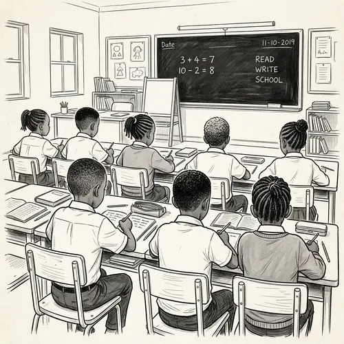 7-Year-Old African Pupils in Classroom Drawing