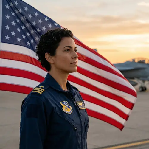 Female Pilot with Olive Skin in Blue Uniform Next to American Flag
