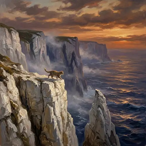 Cat on Chalk Cliffs: Romantic Scene Inspired by Caspar David Friedrich