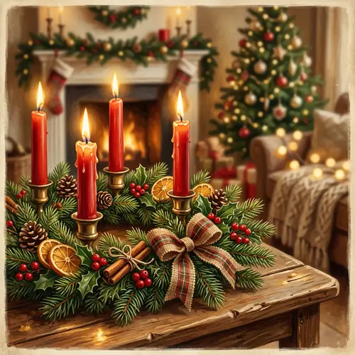 Vintage Festive Advent Wreath with Lit Candles | Traditional Christmas Colors