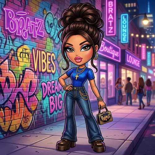Bratz Doll Cartoon – Custom Blue Shirt & Gold Necklace