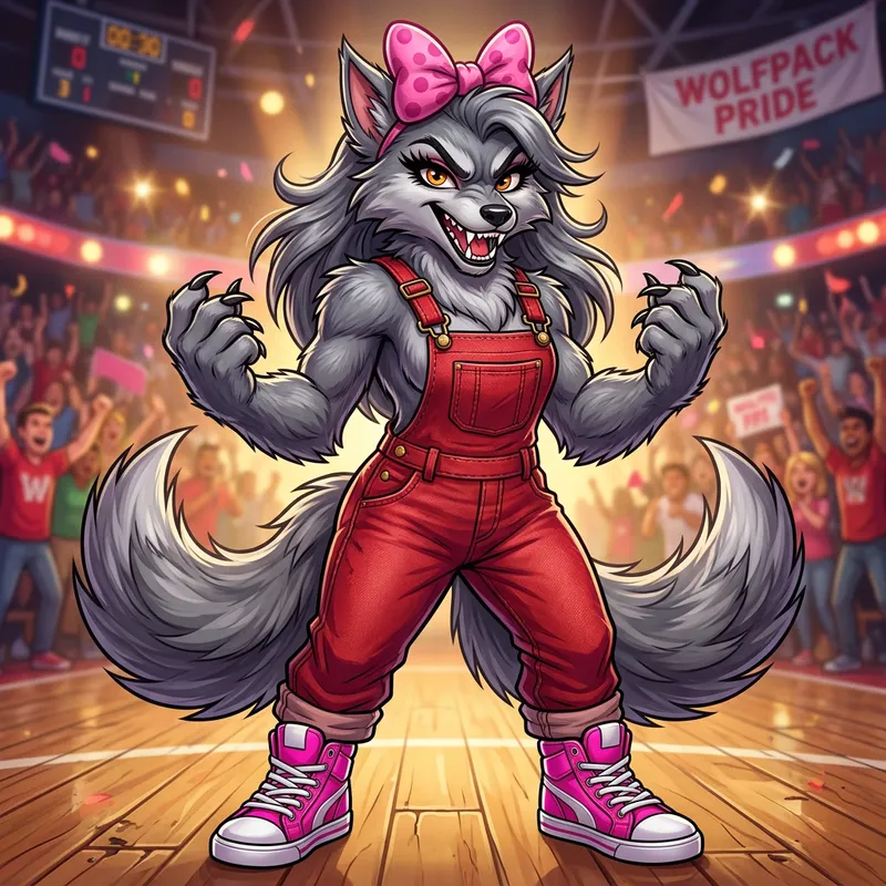 Ferocious Grey Female Werewolf Mascot Costume with Pink Accents