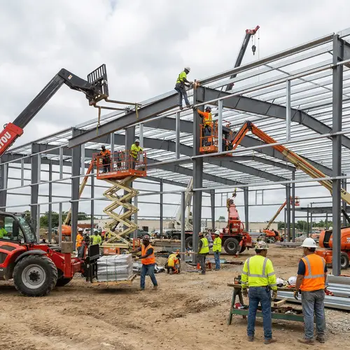 Diverse Construction Workers at Metal Building Site