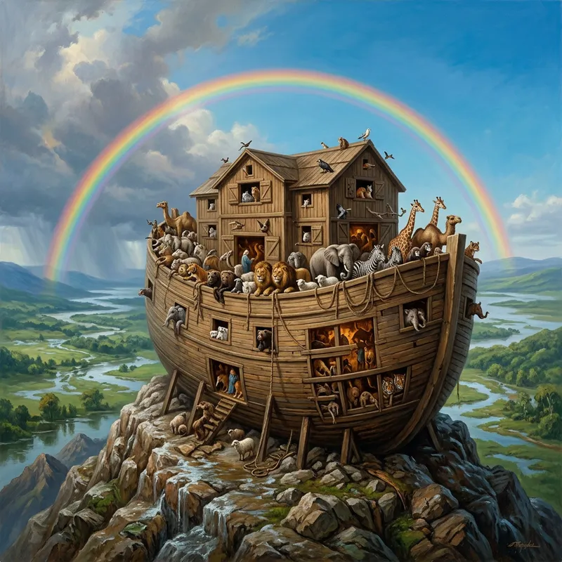 Noah's Ark on Mountain with Rainbow: Tranquil Biblical Scene Noah's Ark on Mountain with Rainbow: Tranquil Biblical Scene