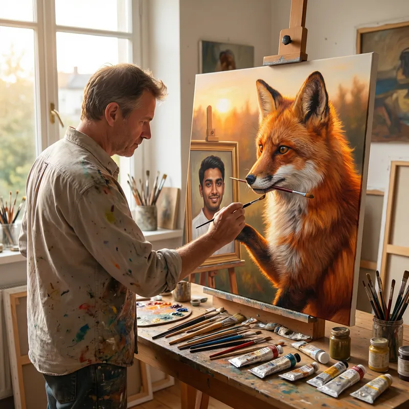 Creative Art: Man Painting Fox within Fox’s Painting Creative Art: Man Painting Fox within Fox’s Painting