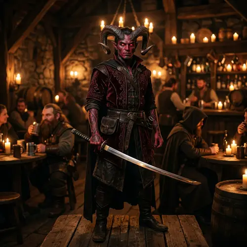 Mysterious Velvet Tiefling Stands Confidently in Dimly Lit Tavern