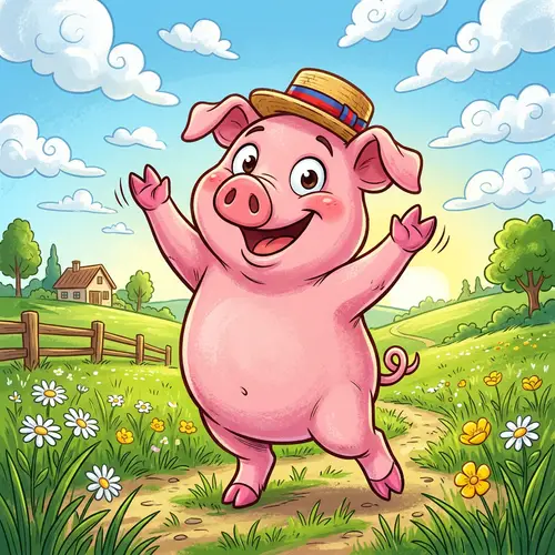 Charming Bubblegum Pink Pig Cartoon | Sunny Meadow Scene