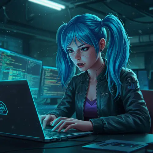 Crypto Hacker Girl with Blue Pigtails