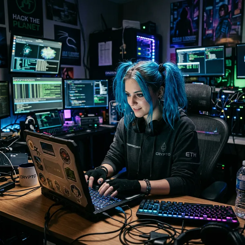 Crypto Hacker Girl with Blue Pigtails