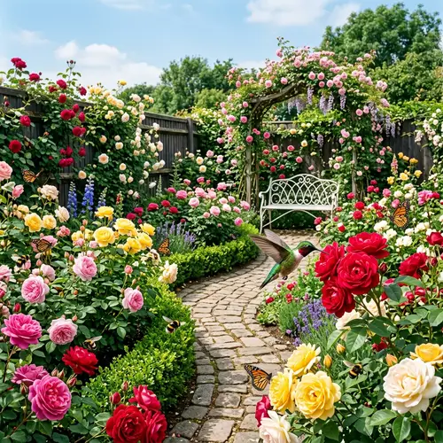 Beautiful Rose Garden with Multicolored Blooms