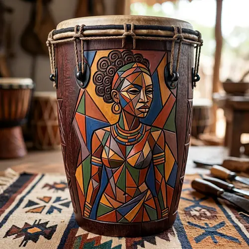 Cubist Style Djembe Drum with Colourful African Woman Drawing