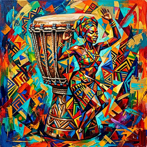 Abstract Painting of Djembe Drum with Cubist African Woman