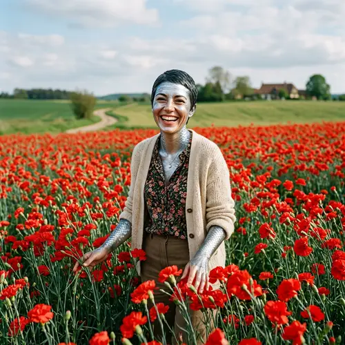 Sardine Woman Smiling in Red Carnation Field