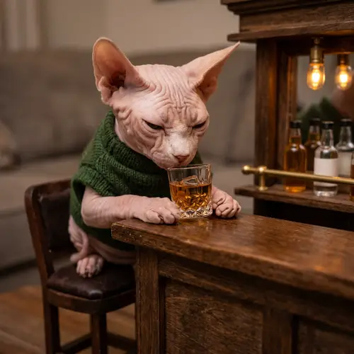 Bald Cat Indulging in Whiskey at Miniature Wooden Bar