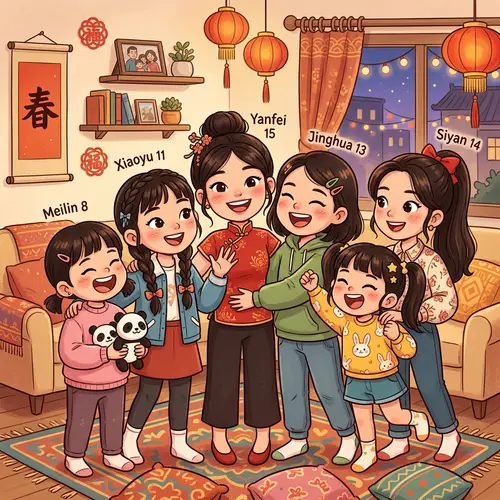 Happy Cartoon of 6 Chinese Cousin Sisters