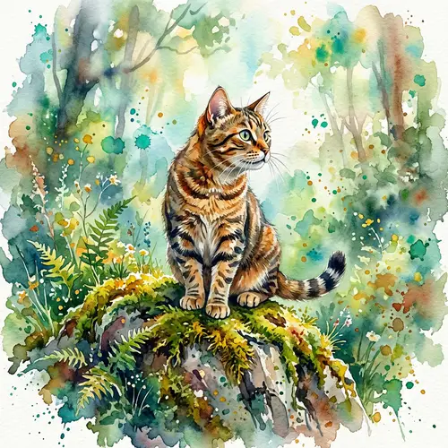 Adventurous Tabby Cat in Dreamy Watercolor Art