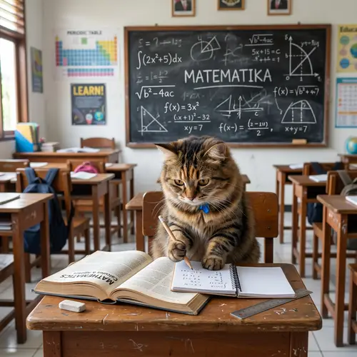 Curious Tabby Cat Studying Mathematics in Classroom