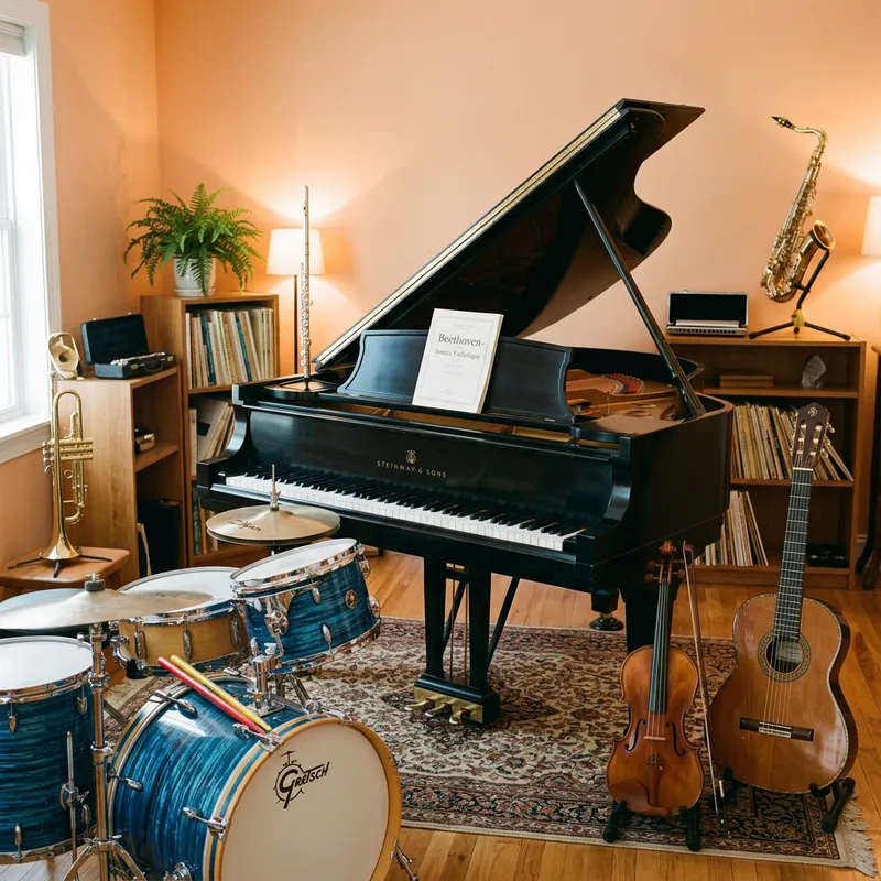 Musical Instruments Scene: Piano, Trumpet, Violin, Guitar, Drums & More