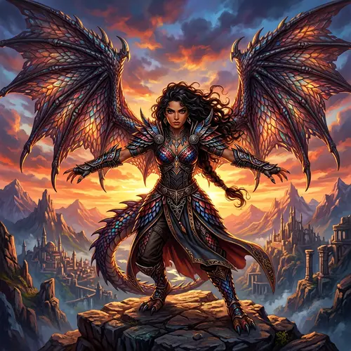 Fantasy Artwork: Powerful Girl with Dragon Wings and Vibrant Colors