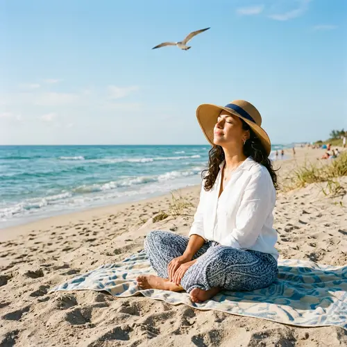 Hispanic Woman Enjoying Sunny Day on Beach | Beach Wear & Floppy Hat
