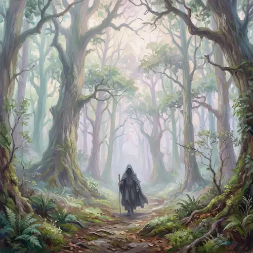 Mystical Forest: Cloaked Figure Emerging from Fog | Fantasy Scene