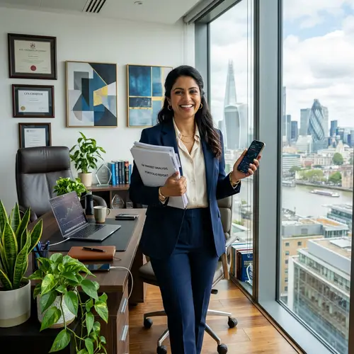 Cheerful South Asian Female Financier in Office Setting