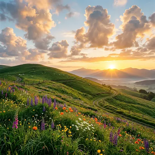 Serene Hill with Flourishing Pastures and Sunrise Sky