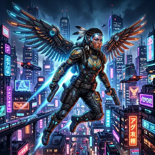 Cyberpunk Native American Police Officer with Jetpack