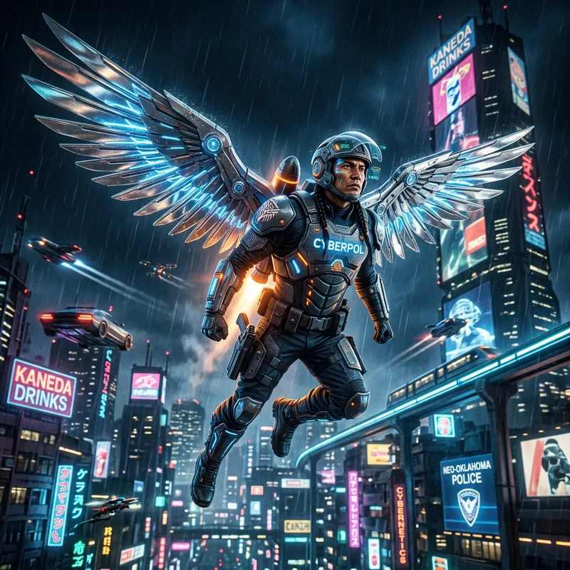 Cyberpunk Native American Officer with Jetpack