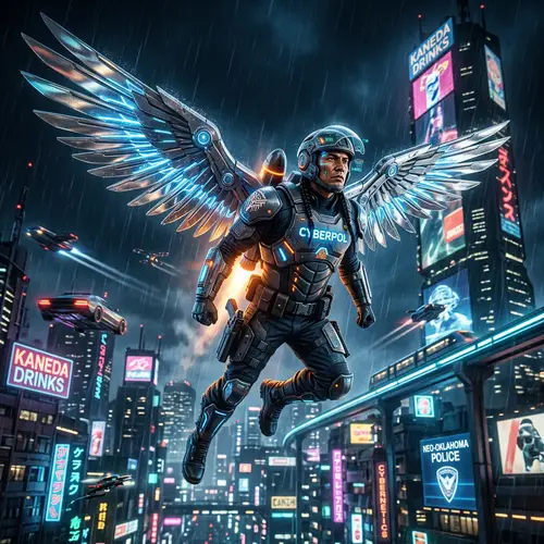 Cyberpunk Native American Officer with Jetpack