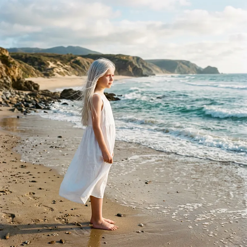 Silver-Haired Girl on Beach in White Dress | Red Pupil Coastal Stare