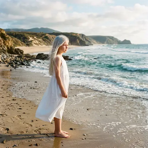 Silver-Haired Beach Girl in White Dress | Coastal Gaze