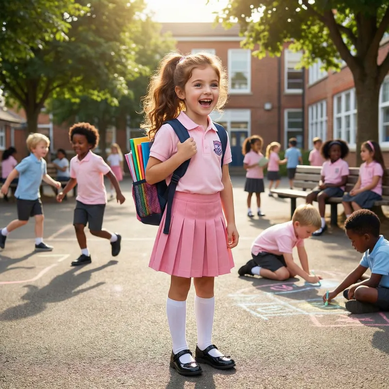 Enthusiastic Nordic Schoolgirl in Pink Uniform | Bright Schoolyard Scene Enthusiastic Nordic Schoolgirl in Pink Uniform | Bright Schoolyard Scene