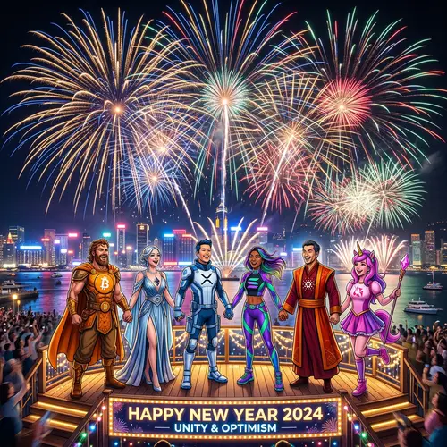 Cryptocurrency New Year 2024 Celebration with Bitcoin, Ethereum, XRP